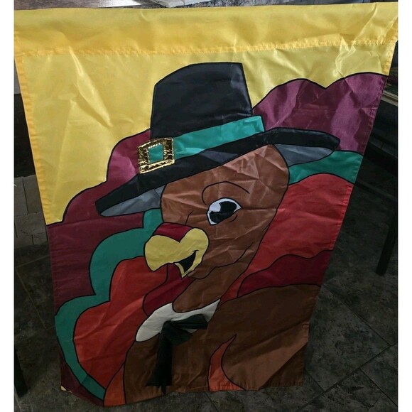 Vtg 1999 Thanksgiving Pilgrim Turkey  Garden Flag 2 Sided 42" length 28" Width - Picture 7 of 11